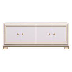 a white and gold sideboard with three doors, two drawers and one door open