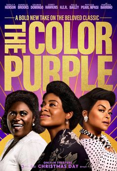 the color purple movie poster with three women in black and white outfits, one smiling