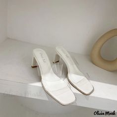 Olivia Mark - Clear Strap Flat Heel Transparent Outdoor Wear Crystal High Heel Sandals White Sandals Heels, Square Head, Outdoor Wear, Heel Sandals, High Heel Sandals, Olivia Mark, Yellow Blue, High Heel, Sandals Heels