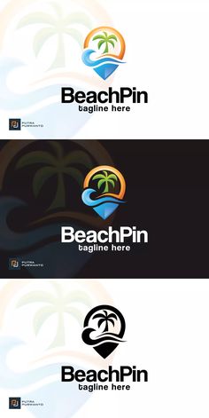 the logo for beach pin is shown in three different colors and font options, including one with