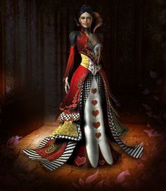 a digital painting of a woman in a red and gold dress with hearts on it