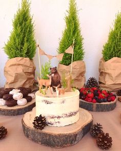 there is a cake on the table with pine cones and strawberries in front of it