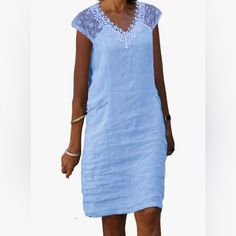 New Periwinkle Color Linen V Neck T Shift Style Dress Pattern Type: Lace Crochet Neckline: V-Neck Dress Length: Midi Length Sleeve Length: Half Sleeve Approx Measurements: *Pit To Pit 22” (Laying Flat) *From Neck To End Of Sleeve 9” *From Back Of Neck To Bottom Hem 39” *Waist 22” Flat Across New, Smoke Free Home Short Sleeve Solid Dress With Lace Trim, Solid Short Sleeve Dress With Lace Trim, Solid Color Short Sleeve Dress With Lace Trim, Solid Dress With Lace Trim And Short Sleeves, Light Blue Casual Short Sleeve Dress, Summer Dresses With Crew Neck In Solid Color, Solid Color Crew Neck Summer Dresses, Summer Solid Color Crew Neck Dress, Summer Crew Neck Dress With Solid Color