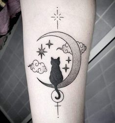 a cat sitting on the moon with stars and clouds