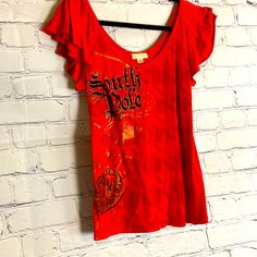 South Pole Red Ruffle Sleeves, & Gold T-Shirt South Pole Clothing, Summer Thrift, Red Ruffle Top, Clothing Pieces, Purple T Shirts, Y2k Clothes, Pinterest Outfits, Red Outfit, Virtual Closet