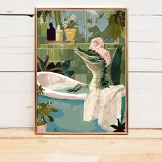 a poster with an alligator in a bathtub surrounded by plants and potted plants