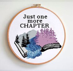 a cross - stitch pattern with the words just one more charter and an open book