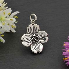 "Sterling Silver Dogwood Flower Charm. 925 Sterling Silver Dogwood Necklace or Stud Earrings .925 Solid Sterling Silver Stamped Charm approx 16mm Diameter - 32mm x 16mm (Length Includes 5mm soldered jump ring) Earrings 11mm x 11mm  Charm available on 16\" or 18\" solid Sterling Silver delicate 1.3mm cable chain." Flower Symbolism, Jesus Crown, Pmc Jewelry, Dogwood Flower, Dogwood Trees, Dogwood Flowers, Pansies Flowers, Crown Of Thorns, Wooden Cross