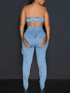 Denim Tube Top & Cutout Pants Set – ECHOINE Fitted Cropped Bottoms With Pockets, Edgy Denim Cargo Style Jeans, Cropped Streetwear Bottoms With Pockets, Fitted High Waist Cargo Jeans For Streetwear, Ripped Cropped Denim Bottoms, High Waist Stretch Utility Jeans, Cropped Bottoms With Pockets For Streetwear, Ripped Denim Utility Bottoms, Edgy Fitted High-waist Cargo Jeans