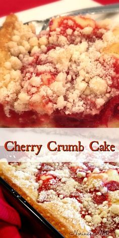 cherry crumb cake on a plate with the words cherry crumb cake above it