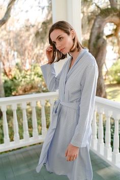 LAKE | Pima Cotton Pajamas | Hydrangea Robe | Blue Stripes | Gifts Spring Daywear Long Sleeve Robe, Casual Cotton Robe With Long Sleeves, Casual Long Sleeve Cotton Robe, Cotton Robe With Relaxed Fit And Long Sleeves, Blue Long Sleeve Robe For Spring, Long Sleeve Blue Robe For Spring, Cotton Robe With Tie Waist, Cotton Robe With Long Sleeves For Daywear, Long Sleeve Cotton Robe With Tie Waist