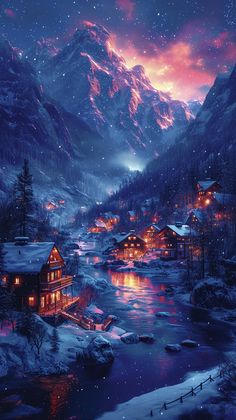 a painting of a mountain village at night with snow on the ground and mountains in the background