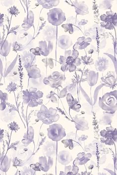 watercolor flowers on white background with purple and blue colors in the middle, for wallpaper or fabric