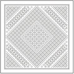 a black and white image of a square quilt with an intricate design on the front