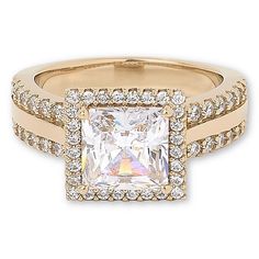 an engagement ring with a princess cut diamond surrounded by round brilliant pave diamonds in yellow gold