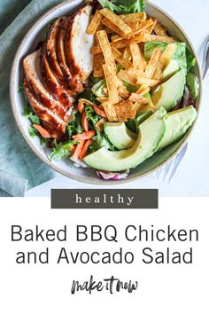 baked bbq chicken and avocado salad on a white plate with text overlay