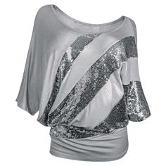 Plus Size Sequins Skew Neck T-shirt - Gray Goose - 5751400132 - Women's Clothing, Plus Size Women's Clothing  #PlusSizeWomensClothing #Women's #Clothing # #Plus #Size #Women's #Clothing Casual Blouse Women, Glitter Blouse, Bat Sleeve, Womens Tops Summer, Plus Size Womens Clothing, Set Outfit, Women Shirts Blouse, Sequin Top, Casual Blouse