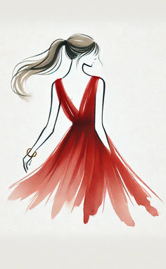 a drawing of a woman in a red dress