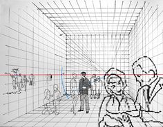 a drawing of people in a room with lines on the wall