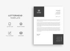 a letterhead and business card mock up on a white background, with black accents