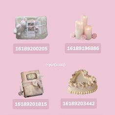 there are many different items on this pink background, including candles and cakes in the shape of hearts