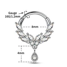 an image of a piercing ring with crystal stones and leaves on the end, measurements for each