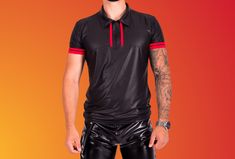 💡 𝐏𝐑𝐎𝐃𝐔𝐂𝐓 𝐈𝐍𝐅𝐎𝐑𝐌𝐀𝐓𝐈𝐎𝐍: Handmade Genuine Black & Red Leather Polo T-Shirt. It's beautifully hand made from high quality Sheep Leather for a stylish look, last to use. Quality and Durability is Guaranteed. WE DELIVER WHAT WE SHOW! 💥 𝐅𝐄𝐀𝐓𝐔𝐑𝐄𝐒: 💠 100% GENUINE SHEEP LEATHER 💠 Red Striped on the Sleeves & front. 💠 YKK Zip Closure on the Placket. 💠 Double Stitched for Extra Durability. 💠 Fully Lined with Cool Comfortable Satin finish Material. 💠 Available in Many Colours.✔️ 💠 Hassle-Free Return Policy.✔️ ✂️ 𝐒𝐈𝐙𝐈𝐍𝐆 𝐈𝐍𝐅𝐎𝐑𝐌𝐀𝐓𝐈𝐎𝐍: Kindly measure yourself with a tape, we need your actual measurements without any additions because We'll be adding a few inches to them during production to leave sufficient room to breathe. - Please, contact us about any Fitted Biker T-shirt With Short Sleeves, Black Leather Collared Top, Fitted Short Sleeve Biker T-shirt, Black Short Sleeve Leather Top, Black Leather Short Sleeve Top, Fitted Leather Casual Top, Fitted Leather Top Casual Style, Casual Black Leather Top, Fitted Black Leather Tops