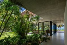 the inside of a house with lots of plants and trees in front of it's windows