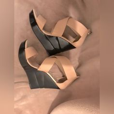 Description: Heel: 4.75; 1” Platform Color: Nude Condition: New Beige Wrapped Wedge Heel, Beige Wrapped Wedge Heels, Beige Wedge Heels With Padded Heel, Beige High Heel Wedge Sandals With Padded Heel, Luxury Leather Wedge Sandals With Wrapped Heel, Chic Wedge Sandals With Stacked Heel, Chic Wedge Sandals With Heel Strap, Evening Wedge Sandals With Padded Heel, Beige Leather Wedge Sandals With Padded Heel