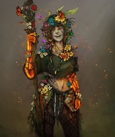 a painting of a woman with flowers on her head holding a stick and wearing an elaborate costume