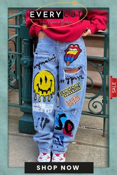 Casual Print Ripped Mid Waist Regular Denim Jeans (subject to The Actual Object ) Diy Paint Ideas, Graphic Pants, Custom Jeans Diy, Art On Clothes, Denim Style Casual, Expensive Fashion, Ripped Denim Pants, Upcycle Clothes Diy, Outfits Rave