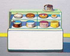 a painting of an ice cream display case with donuts and other desserts on it