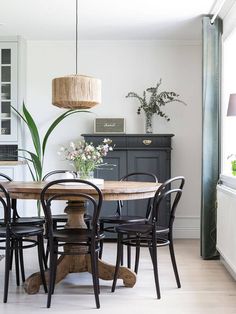 a dining room table with four chairs and a potted plant in the corner next to it