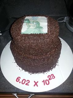 a chocolate cake on a white plate with the number 609 printed on it's side