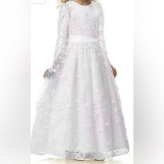 A Line Wedding Pageant Lace Flower Girl Dress With Belt 2-12 Year Old White Princess Gown For Formal Occasions, Long Sleeve Princess Style First Communion Dress, Princess Style Long Sleeve First Communion Dress, White Long Sleeve Princess Dress For First Communion, First Communion White Lace Dress With Long Sleeves, White Lace Long Sleeve First Communion Dress, Lace Long Sleeve First Communion Dress, White Long Sleeve First Communion Dress For Pageant, Lace Flower Girl Dress