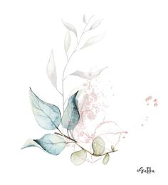 a watercolor painting of leaves and flowers