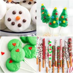 christmas treats and desserts are featured in this collage with snowmen, trees, cookies