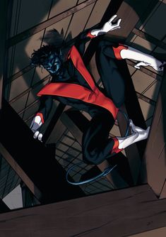 a man in black and red suit flying through the air with his hands on his hips