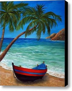 a painting of a boat on the beach with two palm trees in the foreground