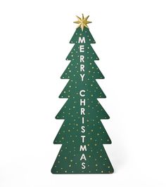 a wooden christmas tree with gold stars on it's top and the words merry christmas written