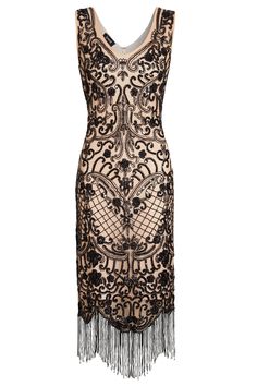 Guaranteed to be the life of the party in this stunning Gatsby-inspired flapper dress. The intricate embellished detail of the dress adds glitz and glam to this look whilst the scalloped hemline and fringed detail ensures you'll be twirling on the dancefloor all night! Whether you're attending a Gatsby-themed party or simply want to channel the timeless glamour of the Roaring Twenties, this flapper dress is sure to turn heads and transport you to a bygone era of style and sophistication. Step in 1920s Black Flapper Dress For Wedding, 1920s Style Black Flapper Dress For Wedding, Black Sleeveless Art Deco Dress, Gatsby Style Sleeveless Flapper Dress For Vintage Events, Black Flapper Dress For Cocktail Events, Sleeveless Gatsby Flapper Dress For Vintage Events, Black Cocktail Flapper Dress, Black Art Deco Wedding Dress, Black 1920s Style Dress For Vintage Events