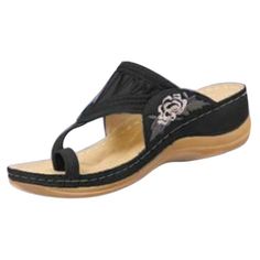 Women's Shoes Sandals Summer Beach Flip Flops Casual Slippers Fashion Wedge Heels Beach Toe Post Wedge Sandals, Toe Post Wedge Sandals For The Beach, Beach Wedge Sandals With Toe Post, Wedge Sandals With Cushioned Footbed For Beach Season, Vacation Toe Post Wedge Sandals, Embroidery Sandals, Size 12 Uk, 3 Shoes, Wedges Style