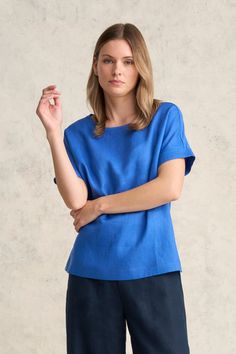 Linen Mix Top - Indigo Blue Fitted Indigo Cotton Tops, Indigo Relaxed Fit Top With Pockets, Indigo Linen Summer Tops, Luxury Indigo Relaxed Fit Top, Indigo Top With Relaxed Fit, Pre-washed, Latest Colour, Indigo Blue, French Linen, New Shop