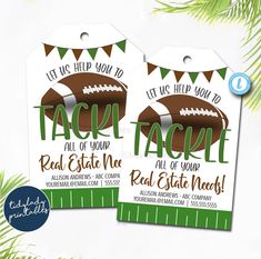 two football themed gift tags with the words, let us help you now to tackle all of your real estate