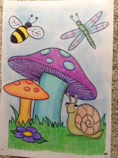 a drawing of two bugs and a mushroom in the grass with a bee on it