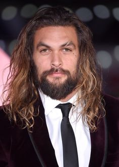 a close up of a person wearing a suit and tie, with long hair and beard