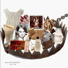 a collage of different items including shoes, perfumes and other things on a metal tray