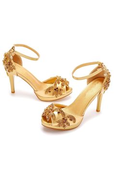 Style:Sweet Embellishment:Rhinestones, Beads Heels Type:Stiletto Heel height:3,94in Platform:0,59in Closure Type:One-strap Buckle Toe:Peep Toe Upper Material:PU Leather Sole Material:Rubber Lining Material:PU Leather Heels Gold, Ankle Strap High Heels, Flowers Decor, Platform Stilettos, Stiletto Heel, Flower Decorations, Stiletto Heels, Ankle Strap, Pu Leather