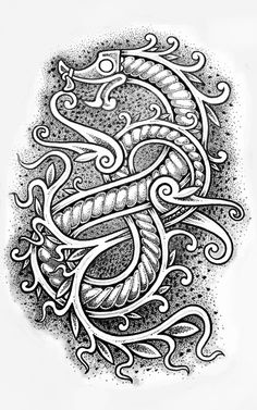 an ink drawing of a snake with swirls on it's head and tail