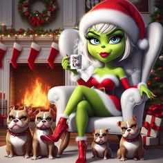 the grinch is sitting in a chair with her puppies and christmas stockings on